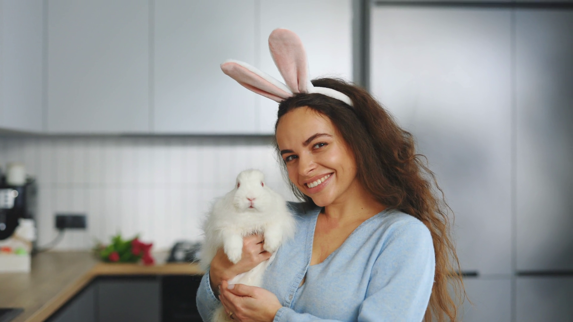 Portrait Of Young Woman Holding Fluffy Stock Footage SBV-352015911 ...