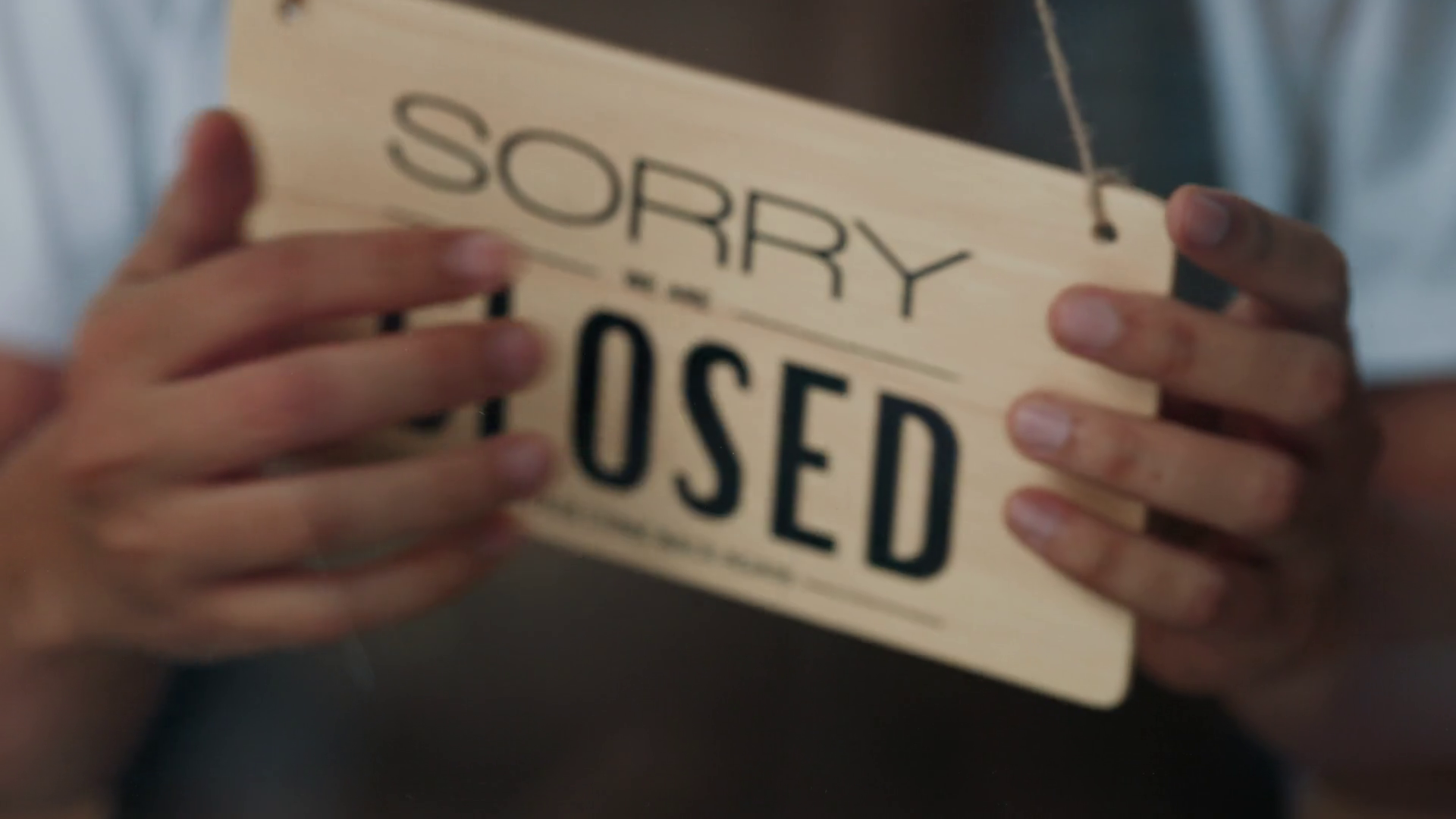 Closeup Of Worker Hands Turning Sign Open To Stock Footage SBV ...
