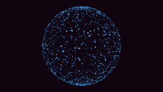 Glowing blue particle sphere rotating on dark background, abstract tech footage