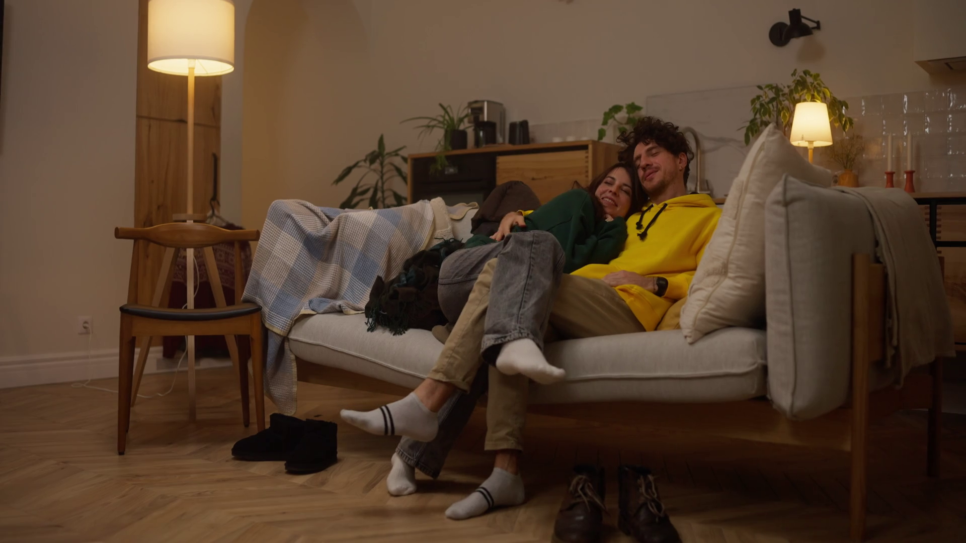 Couple Taking Off Shoes Hugging On Couch Stock Footage SBV-352942183 ...