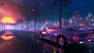 80s retro futuristic drive seamless loop with vintage car stylized sci fi landscape race in outrun vj style night sky vaporwave 30 fps 3d animation background for edm music video dj set club 4k