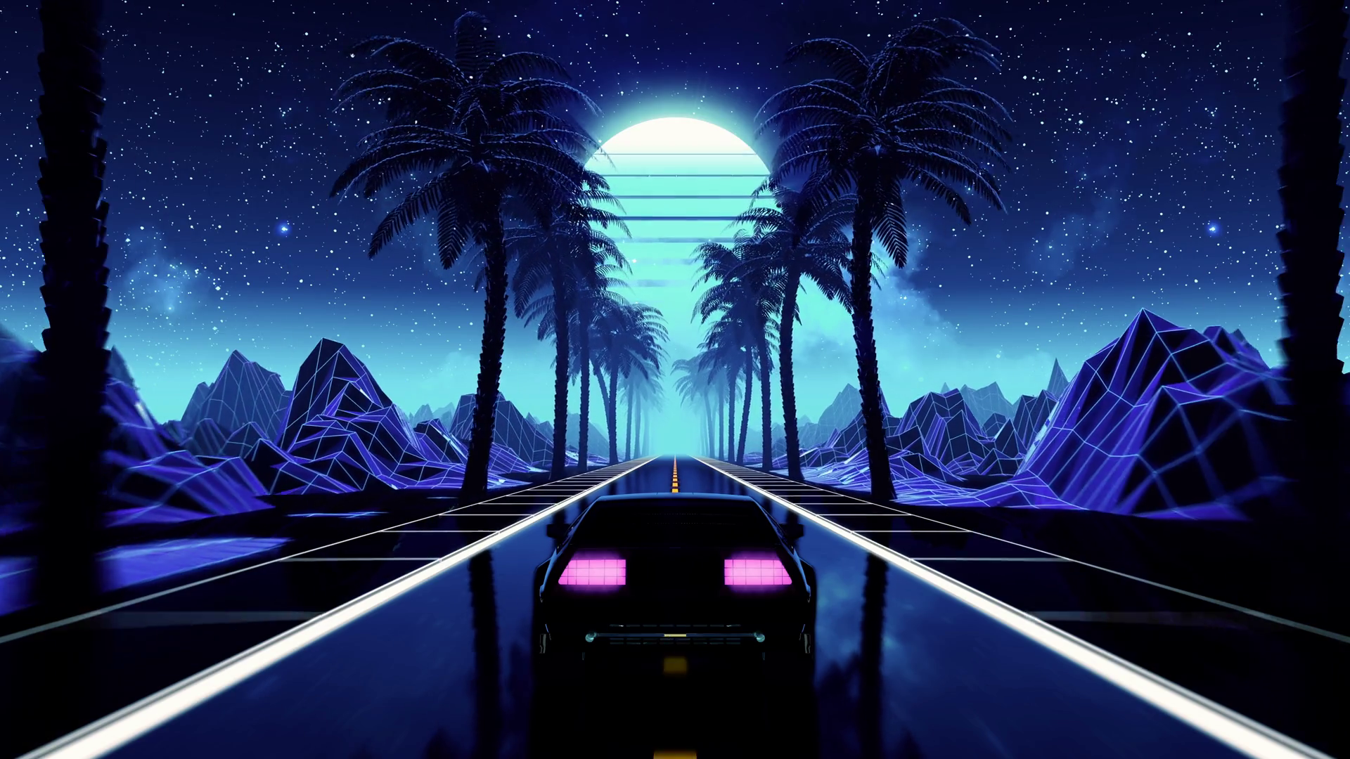 1980s retro futuristic sci-fi seamless loop with vintage car. Riding in