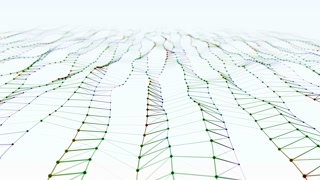 Modern abstract particle surface wave. Wavy grid of bright colorful metal dots creating curved plane. Futuristic 3D animation. Stylized Hi-Tech backdrop with Field of View. Alpha Matte included