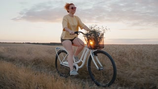 Happy woman riding bike field wheat enjoying life on country road bouquet of daisies in sunset sunlight in summer. Rest from city life