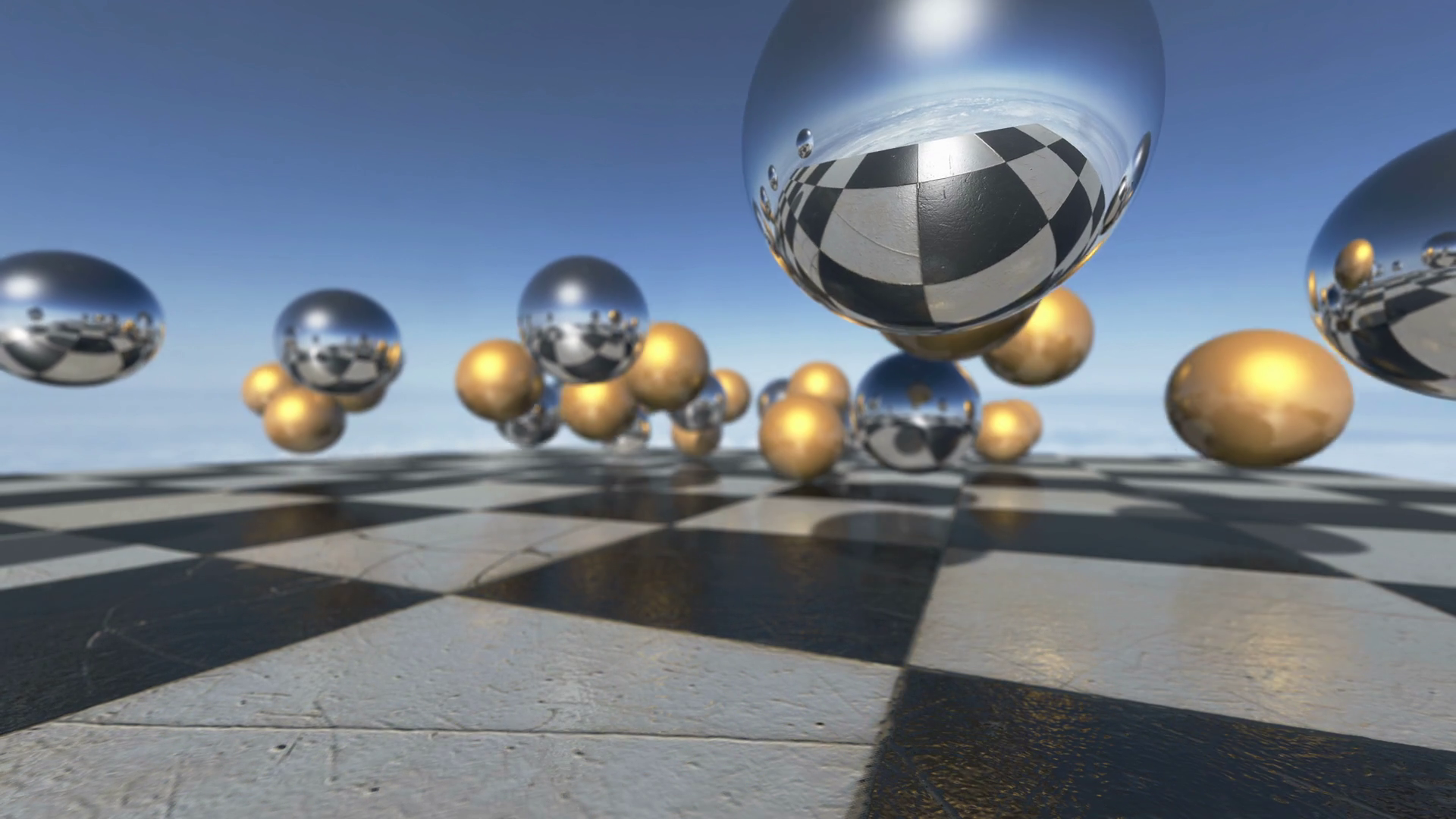 Animated surreal oprganic spheres falling down on a checkerboard. 3D ...