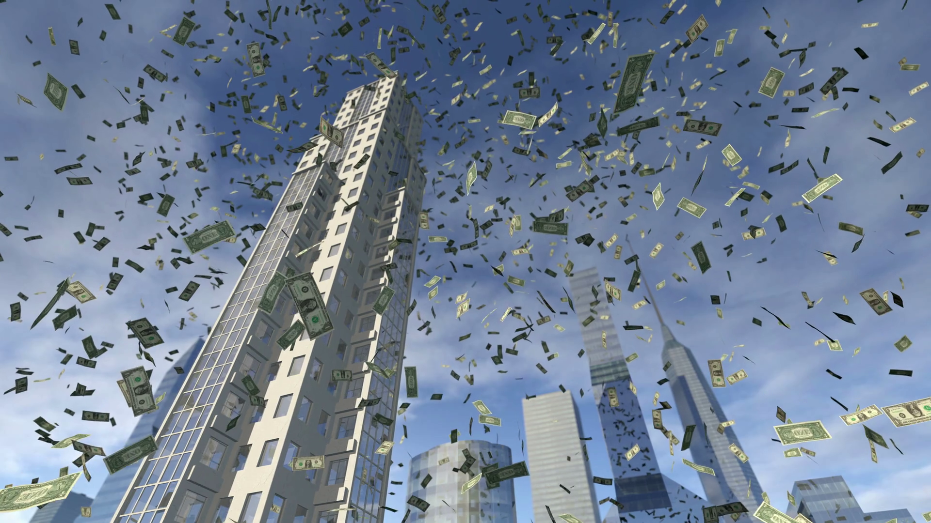 Dollar money fall from animated real buildings 4K Motion Background