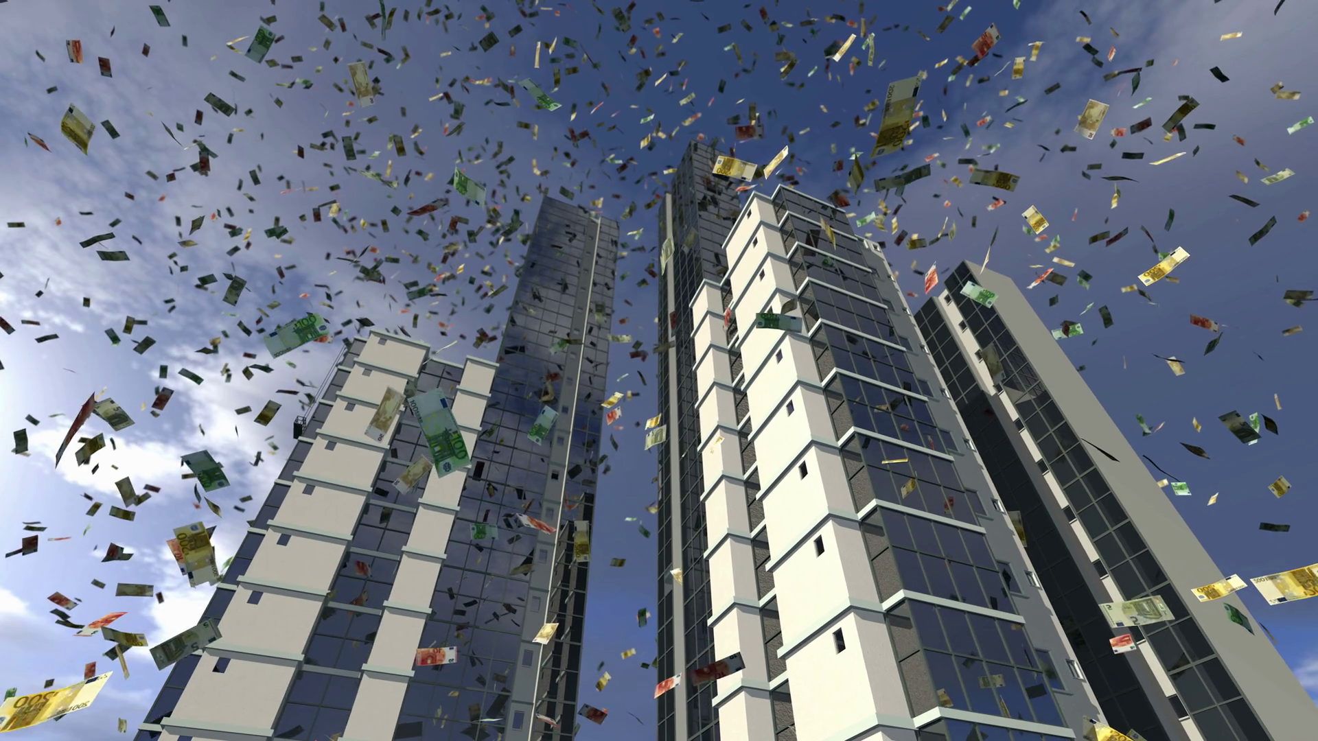 Euro money fall from animated real buildings 4K Motion Background