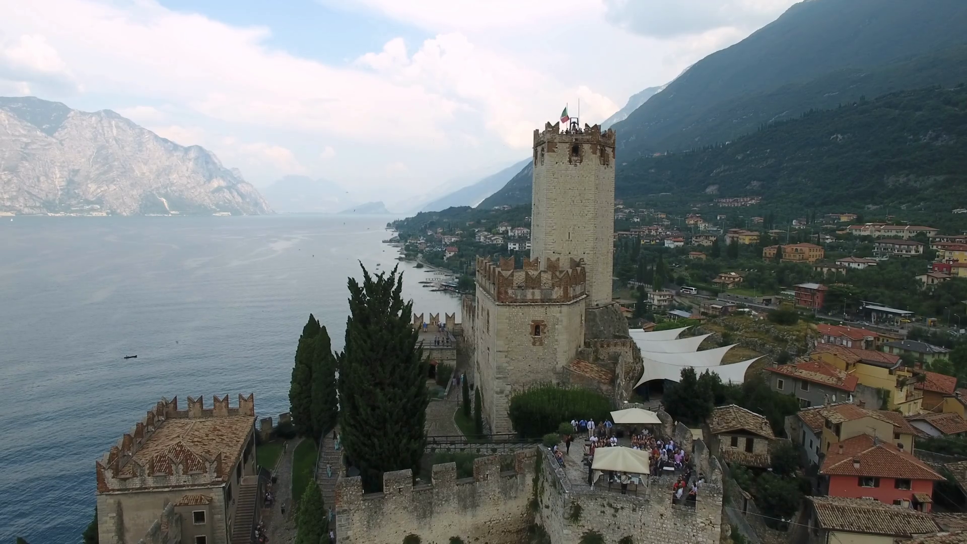 Malcesine castle, aerial shot, Italy Stock Video Footage 0029 SBV