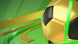 Golden Soccer Ball Rotates on a Green Background. The animation features a highly polished golden soccer ball prominently. It rotates gently while dynamic green and gold ribbons elegantly swirl around it against a vibrant green background.