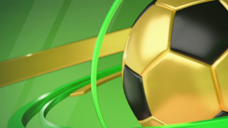 Golden Soccer Ball Rotates on a Green Background. The animation features a highly polished golden soccer ball prominently. It rotates gently while dynamic green and gold ribbons elegantly swirl around it against a vibrant green background.