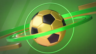 Golden Soccer Ball Rotates on a Green Background. The animation features a highly polished golden soccer ball prominently. It rotates gently while dynamic green and gold ribbons elegantly swirl around it against a vibrant green background.