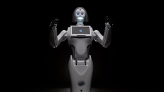 Robot's Hand Moves His Fingers Hello . Black Background . Close Up, Close up footage shows a white humanoid robot's arm extended with its hand open. The robotic fingers are black. The arm is static in the frame, suggesting a futuristic or technologic