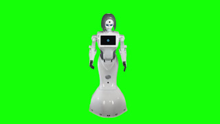 Robot Is Tilting Its Body. Green Screen, This video shows a white humanoid robot standing still against a green screen background. The robot has a screen on its chest and short, dark hair. This video could be used for technology or science-fiction th