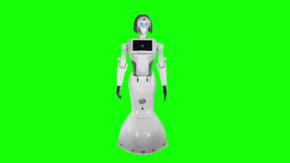 Robot Says Hello and Goodbye . Green Screen. This clip features a white humanoid robot with a screen on its torso waving its left arm. The robot has a grey helmet shape at the top of its head with blue light emitting from its eyes.