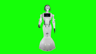 Robot Says Hello and Goodbye . Green Screen. This clip features a white humanoid robot with a screen on its torso waving its left arm. The robot has a grey helmet shape at the top of its head with blue light emitting from its eyes.