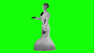 Robot Stands and Looks at His Hands. Green Screen. Side View, An impressive, futuristic robot stands in profile against a vibrant green screen. The glossy white android possesses a sleek, feminine form, punctuated with dark gray accents, and a reflec