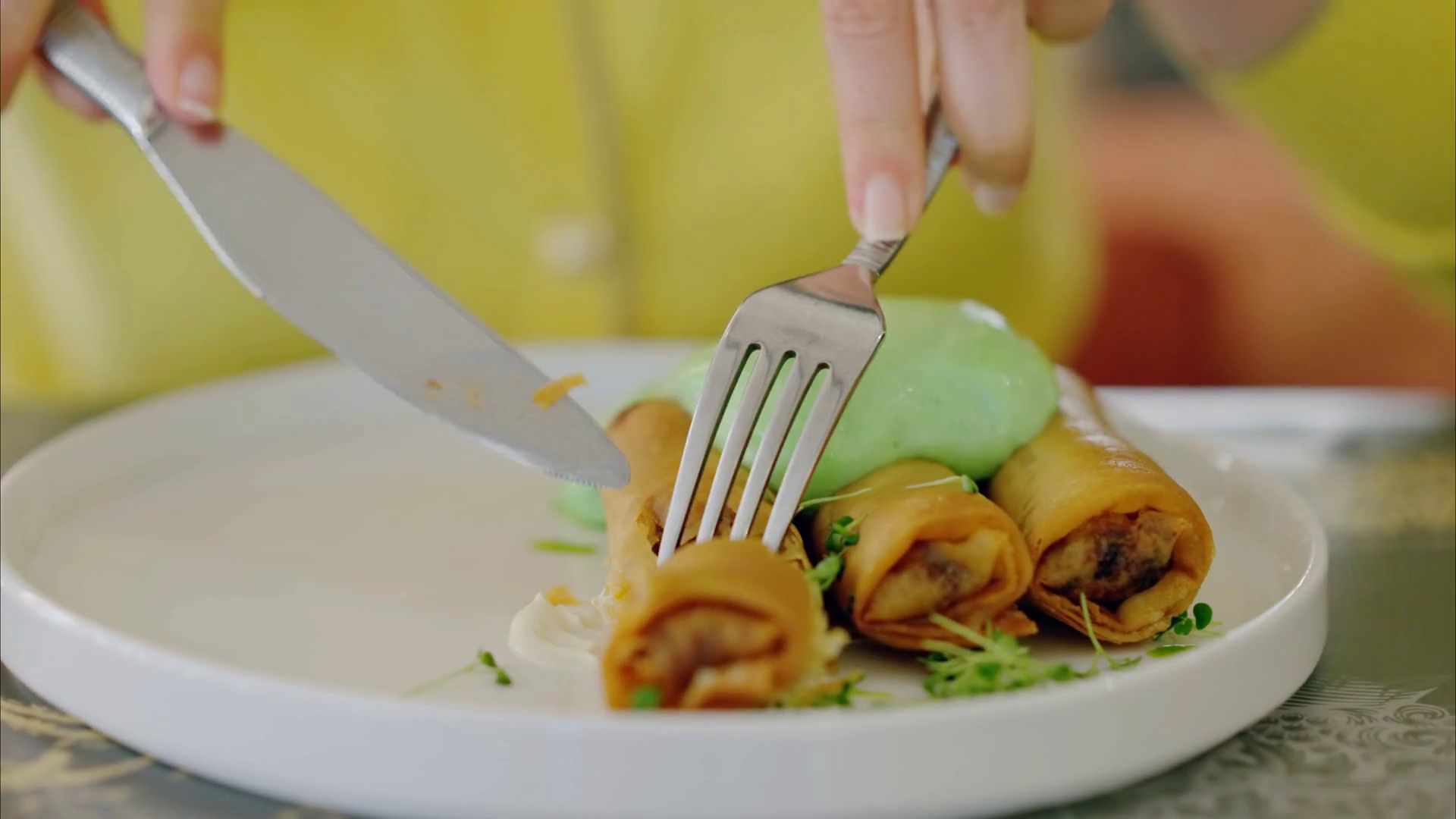 Close-up Of Woman Eating Spring Rolls At Stock Footage SBV-352345871 ...