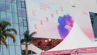 Cannes, France - May 13, 2025: The poster at entrance of Cannes Film Festival