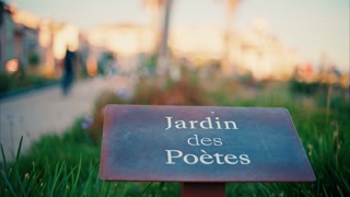 Jardin des Poetes sign at the entrance of the garden in Antibes, France