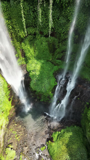 Aerial drone view of Sekumpul Waterfall in Buleleng, North Bali, Indonesia. Twin streams cascade down a towering jungle cliff into a natural rock pool surrounded by dense tropical rainforest. Vertical