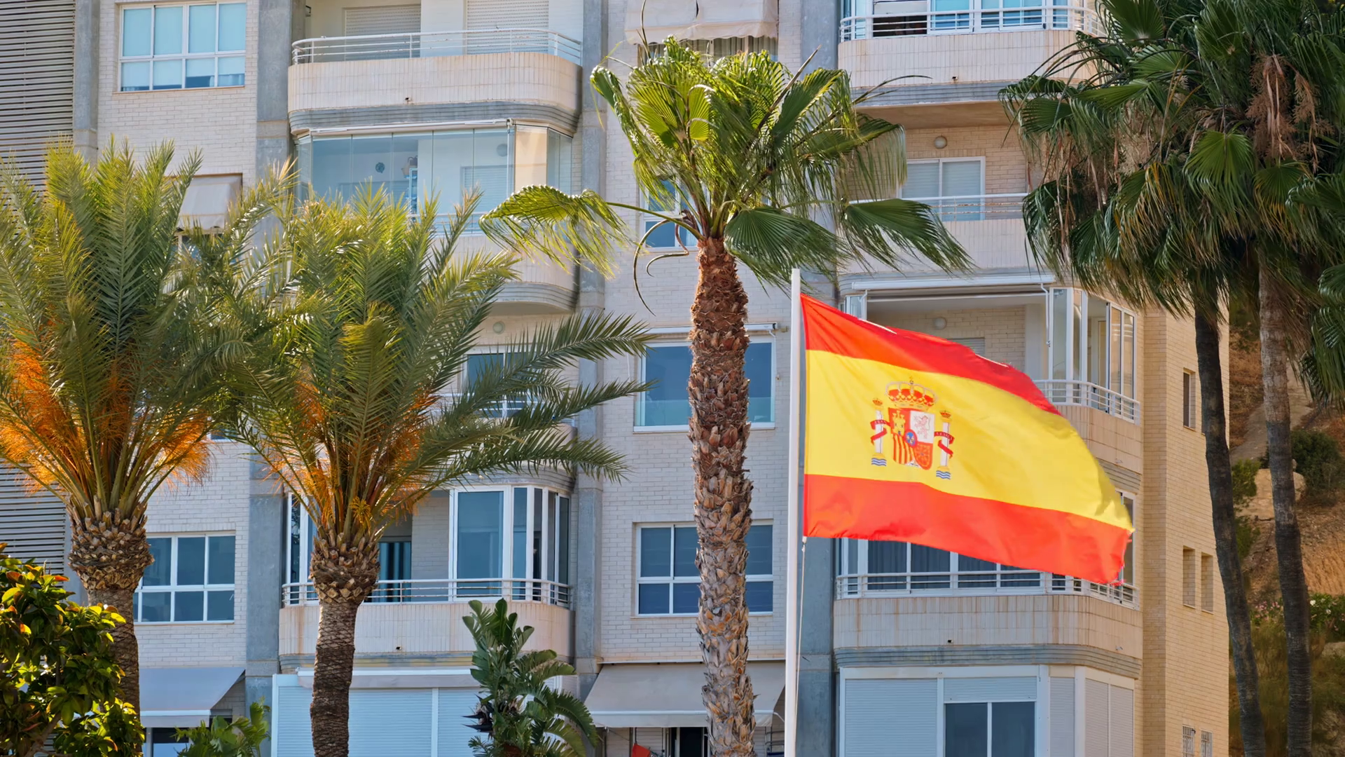 Spanish Flag Waving Along Beachfront Stock Footage SBV-352776767 ...