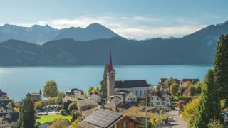 Weggis Switzerland time lapse city skyline at Weggis town and Lake Lucerne (Luzern) in Autumn season