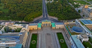 Aerial view of Brandenburg Gate at sunrise in Berlin, Germany, Europe