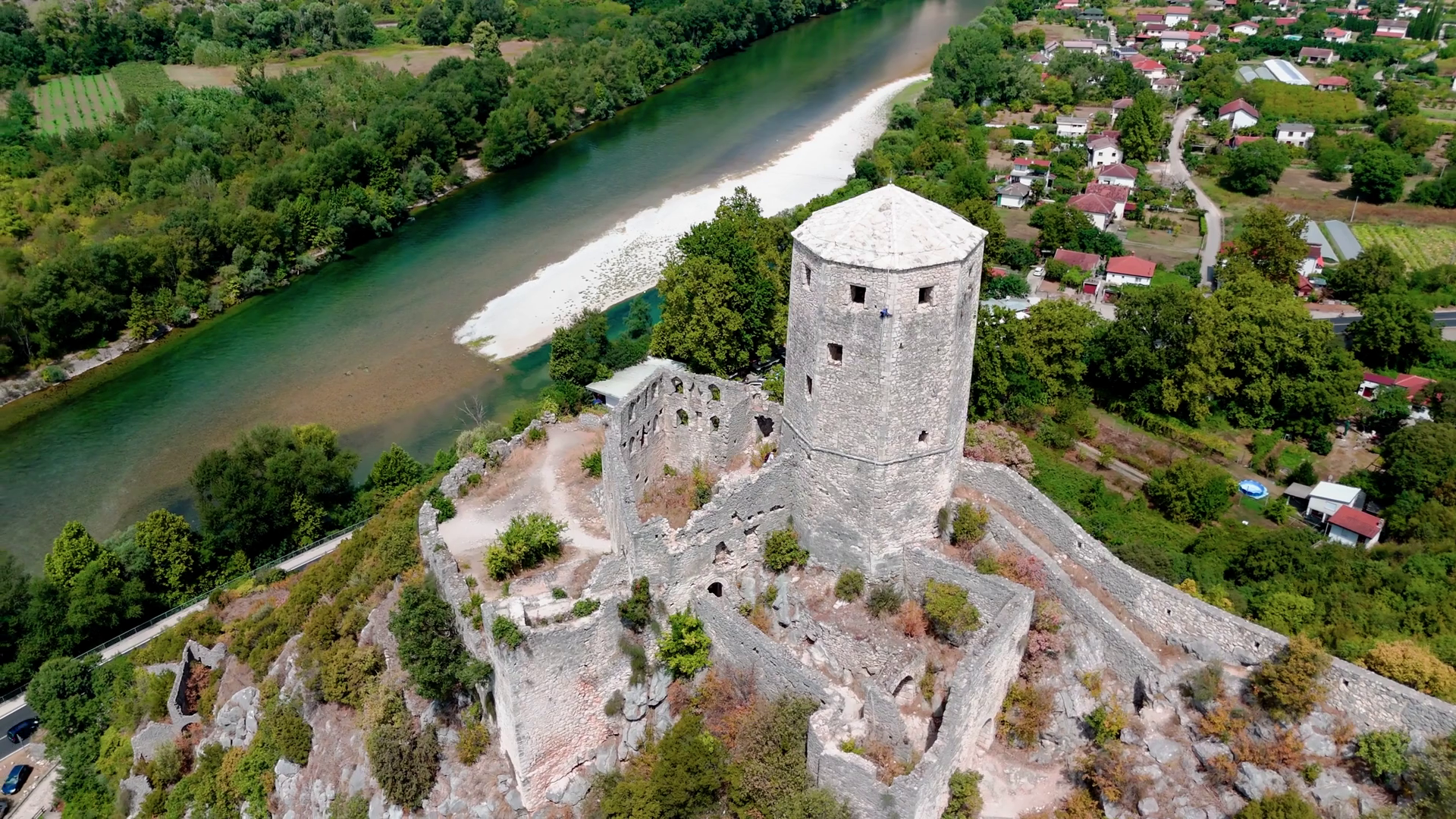 Drone Footage: Exploring Medieval Tower Stock Footage SBV-349274700 ...