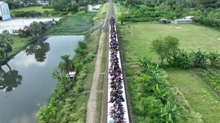 Aerial view of a crowded train in Bogura, Bangladesh.