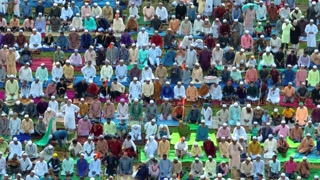 Aerial view of people praying, Bangladesh.