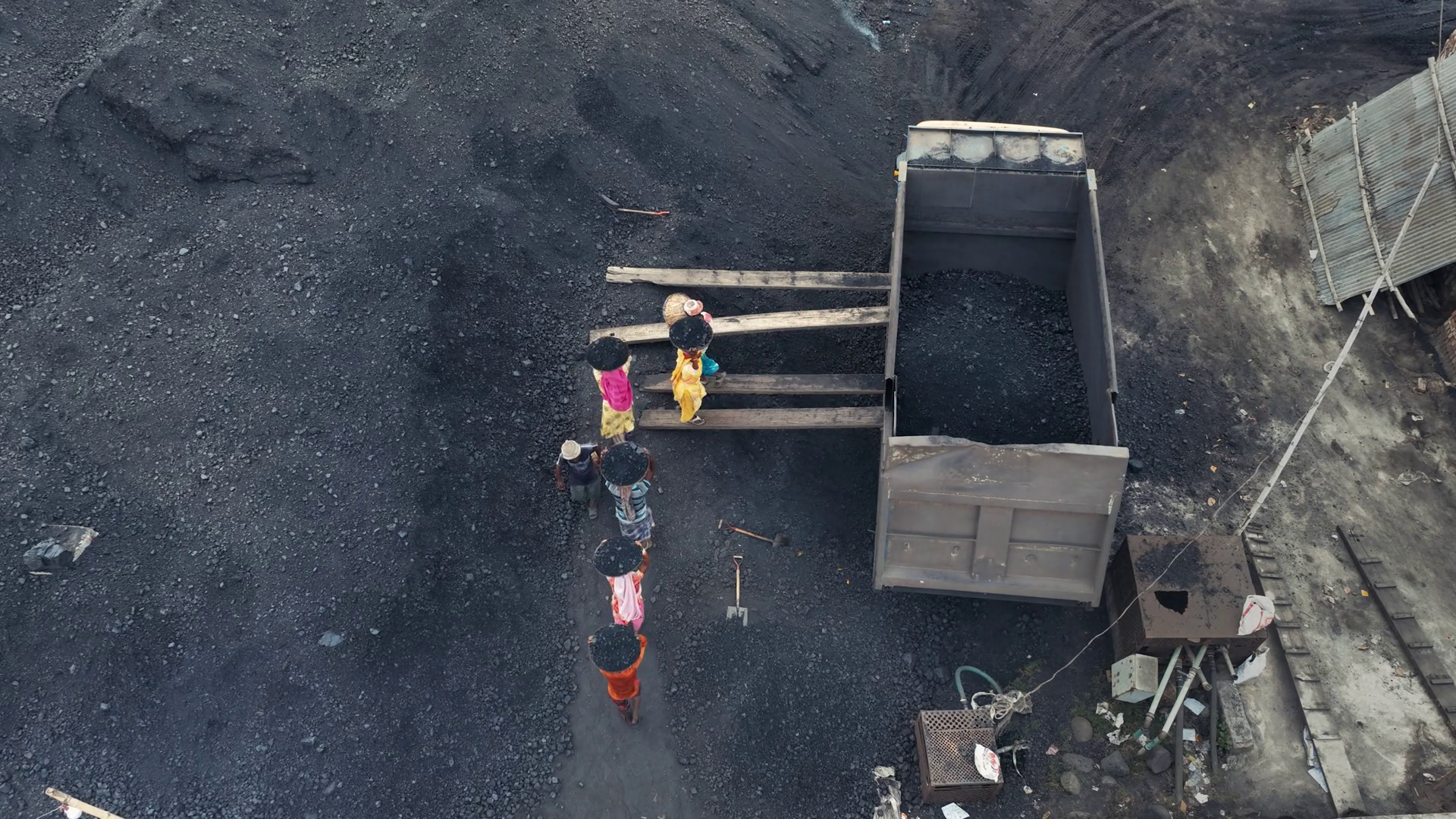 Aerial View Of People Loading Coal Onto Stock Footage SBV-352686171 ...