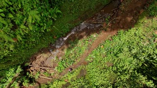Aerial view of a person on a trekking trail excursion at Secret Waterfall, Ubud, Bali Island, Indonesia.