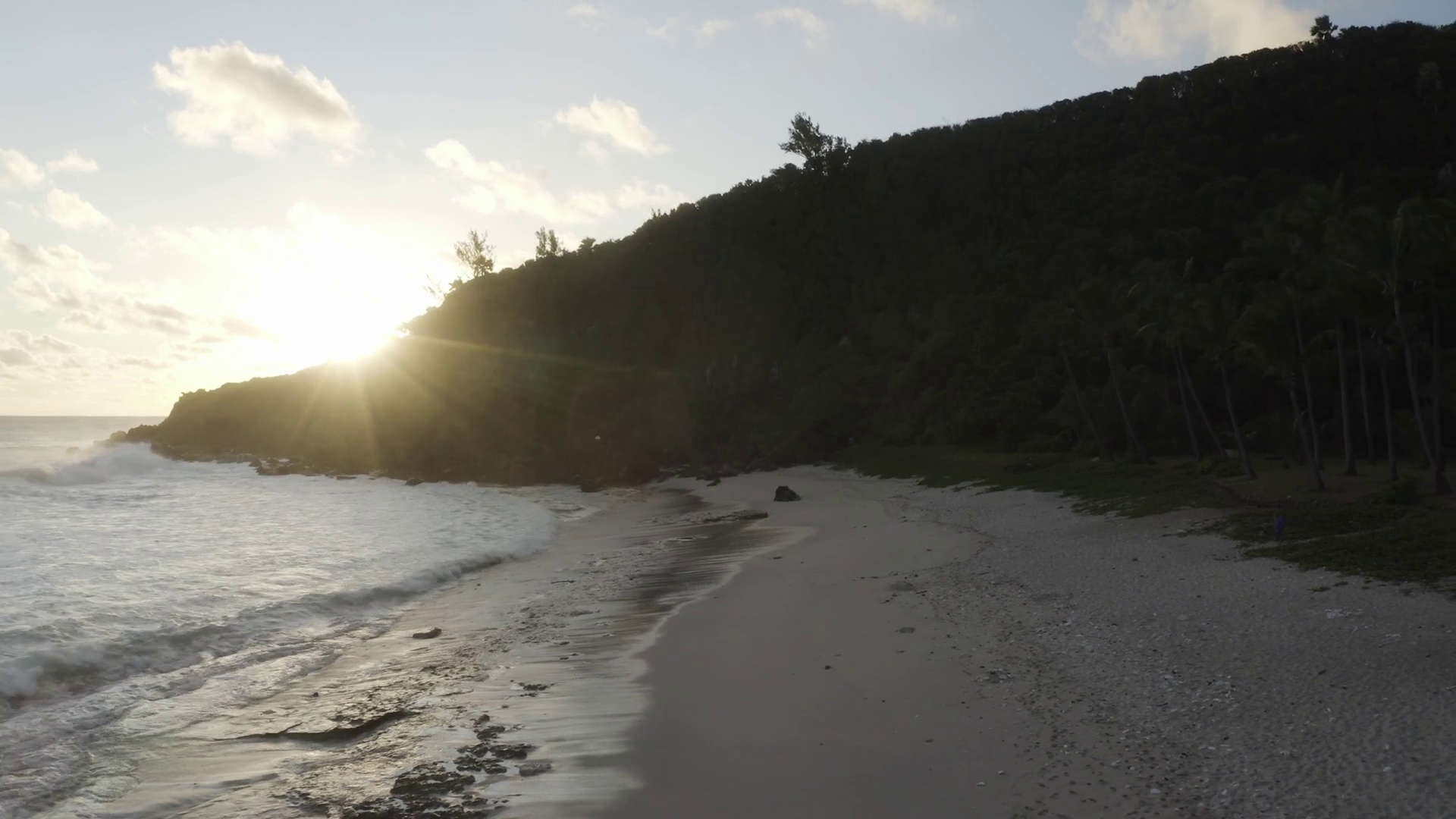 Aerial view of Grande Anse beach at sunset, Petite Ile, Reunion. Stock
