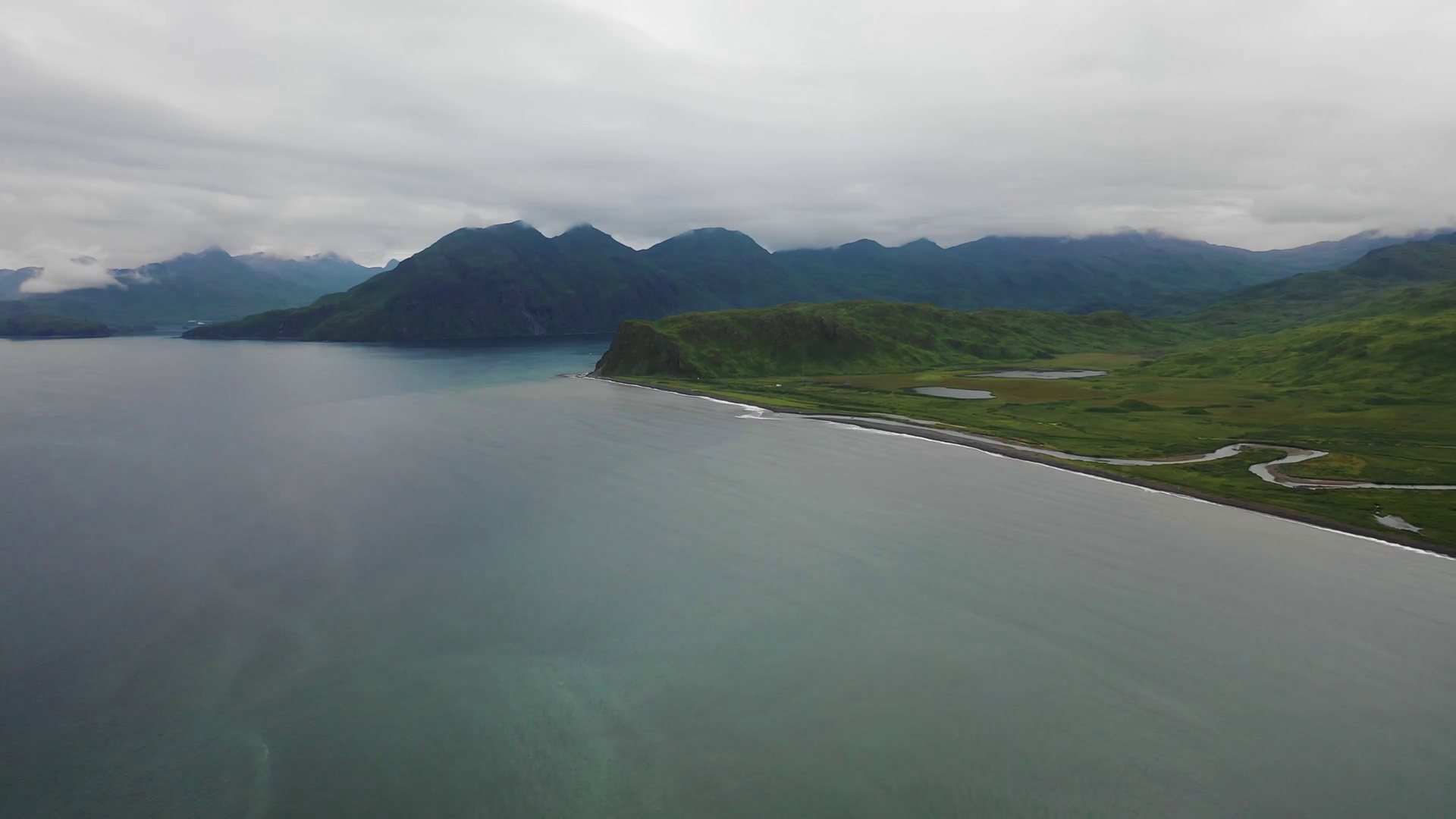 Aerial view of Summer Bay, Unalaska island, Alaska, United States