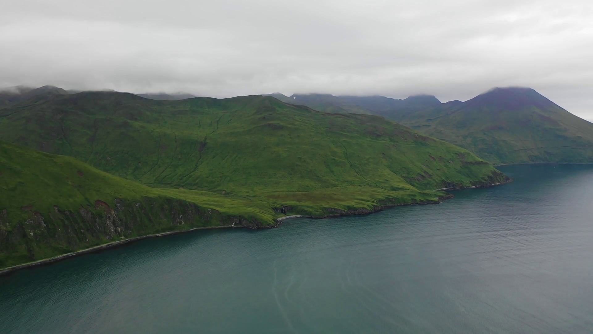 Aerial view of Summer Bay, Unalaska island, Alaska, United States