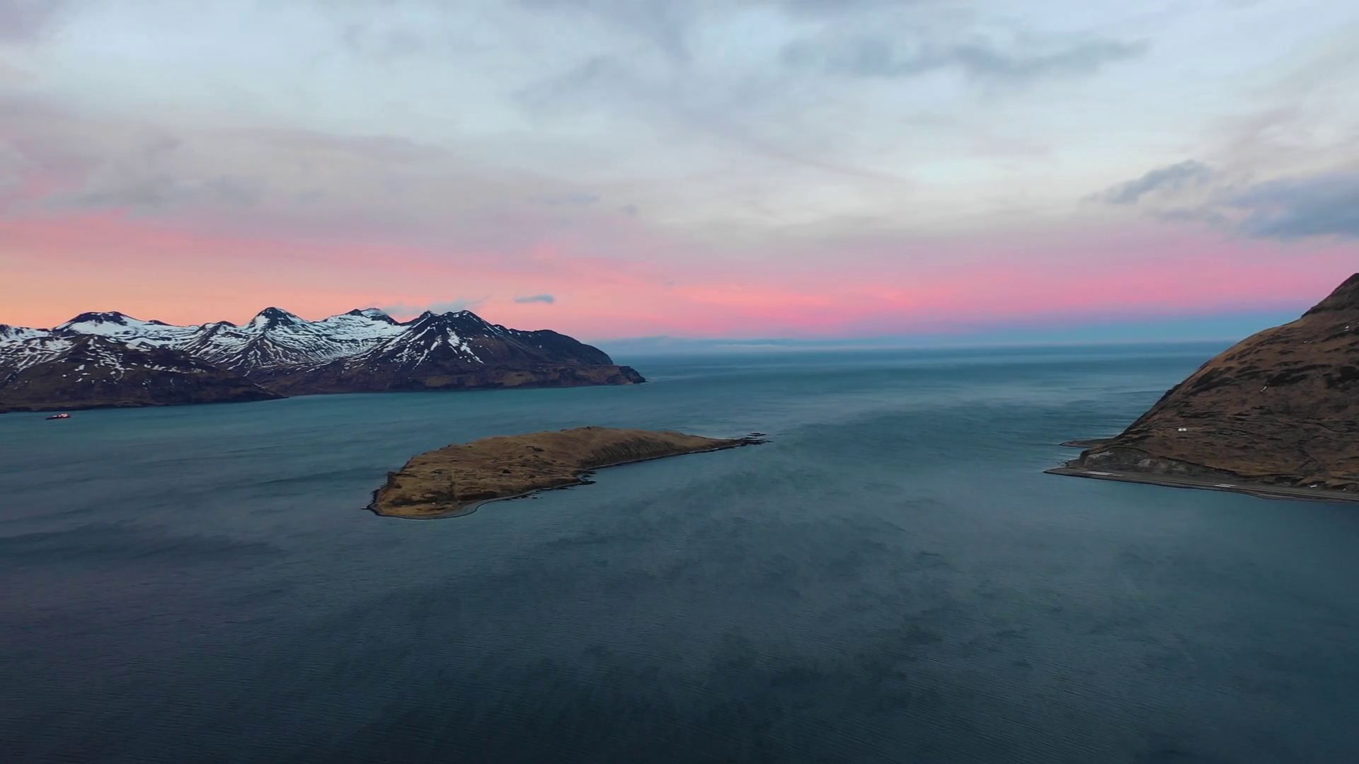 Aerial view of Dutch Harbour at sunset on Unalaska Island, Alaska