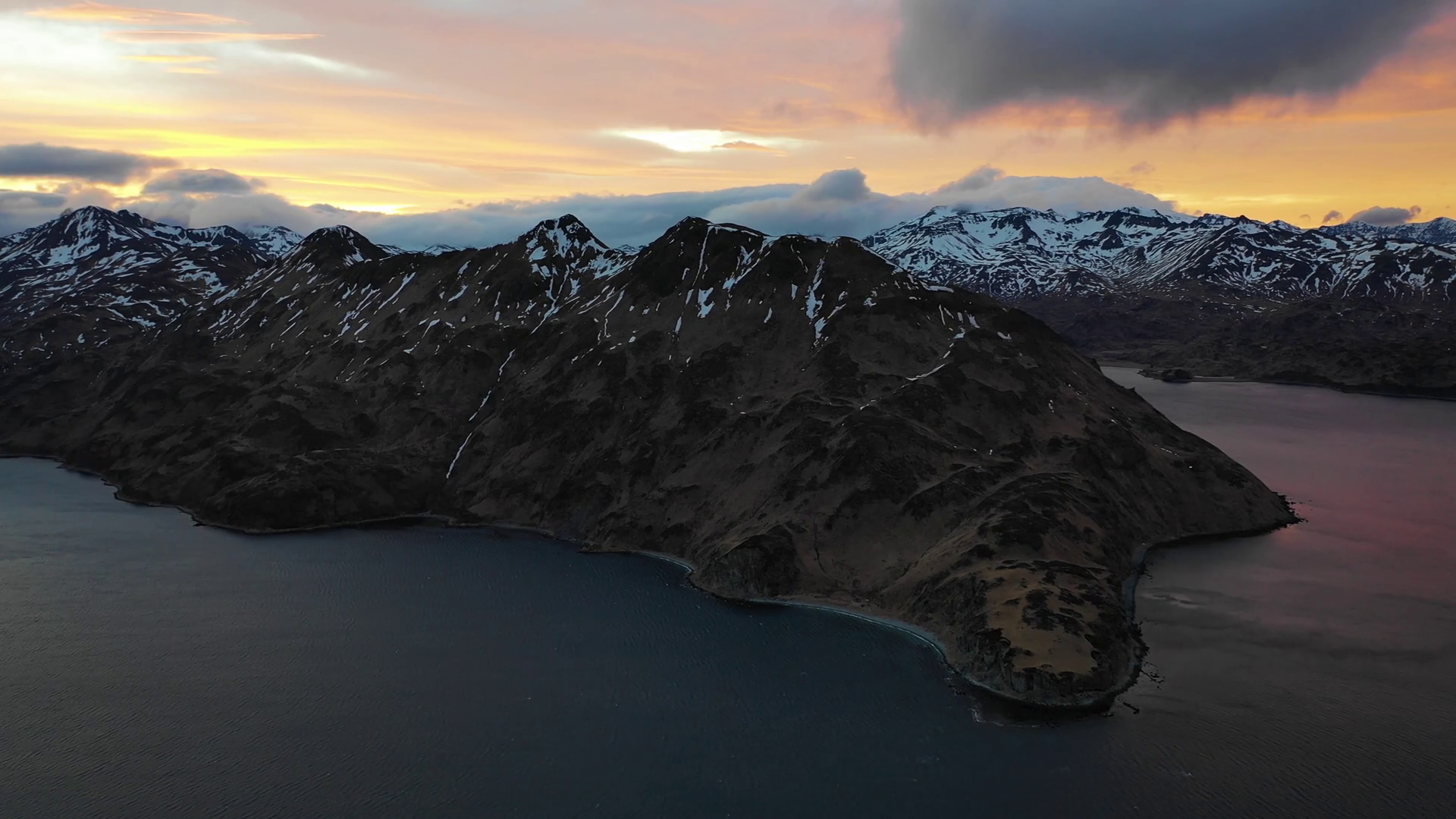 Aerial view of Dutch Harbour at sunset on Unalaska Island, Alaska