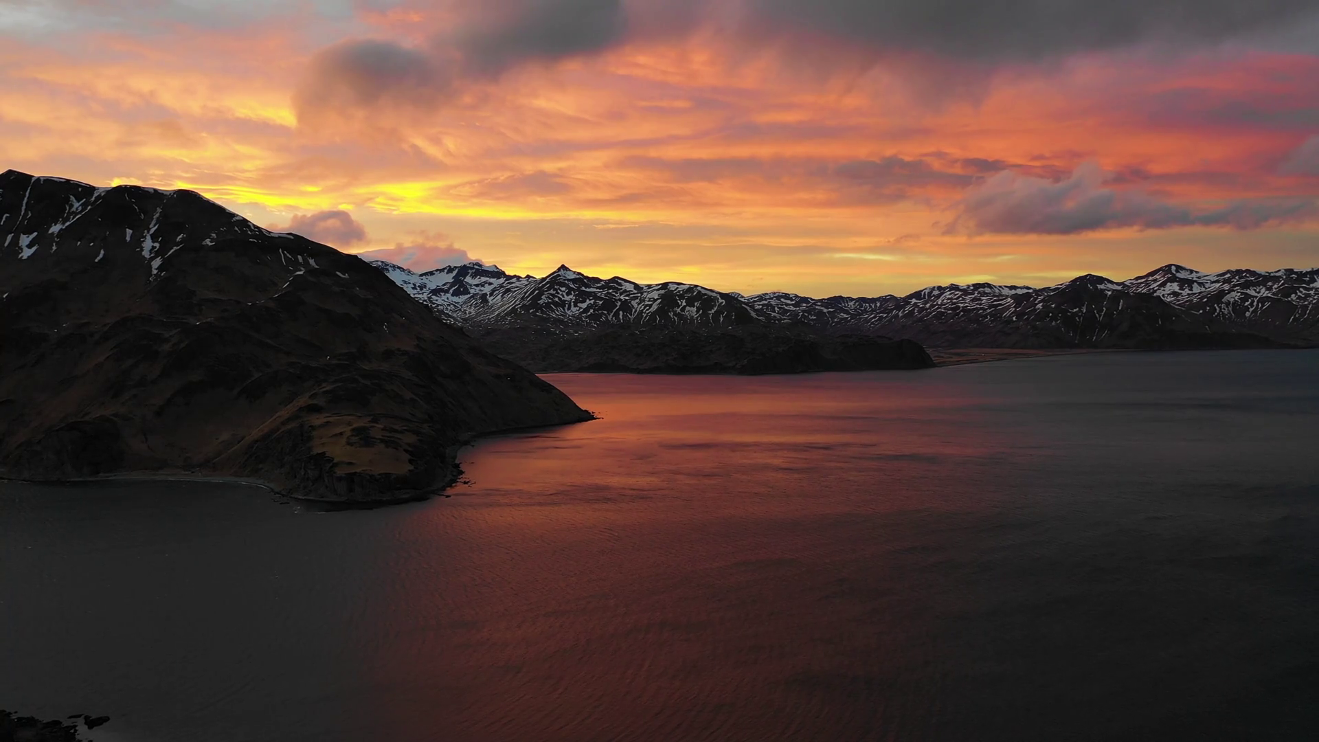 Aerial view of Dutch Harbour at sunset on Unalaska Island, Alaska