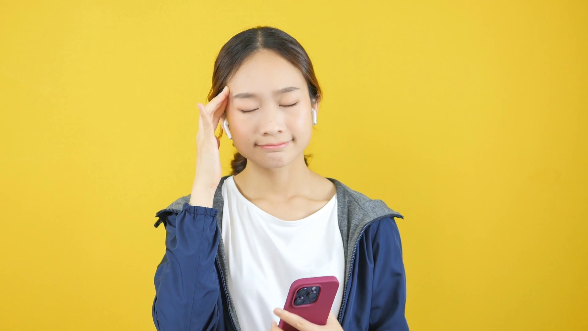 Woman Having Headache Wearing Headphones Stock Footage SBV347615783