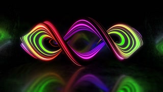 Looping pair of neon ribbons in rainbow colors forming interlacing curves against a metallic backdrop