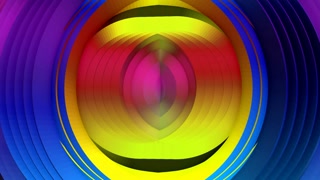 Concentric arcs in bold pink, blue, and purple hues surrounding a luminous yellow center