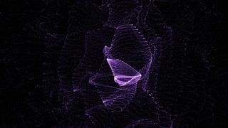 Purple wireframe figure formed by countless tiny particles drifting in darkness