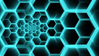 Tunnel of glowing teal hexagons receding into the distance
