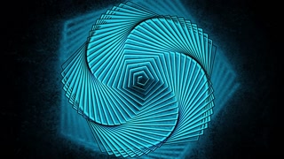 Spiral of layered angular frames forming a glowing rosette pattern