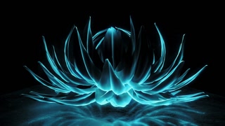 Glowing, neon-blue metallic abstract flower with opening and closing spiky, petal-like structures