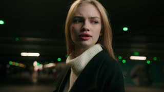 Stressful sad Caucasian woman businesswoman standing alone in underground waiting meet looking around scared anxious pensive lonely 20s lady