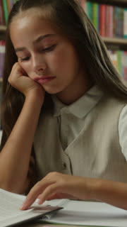 Bored Caucasian little girl child reading book in school library tired pupil feeling frustrated lesson sleepy kid schoolgirl student