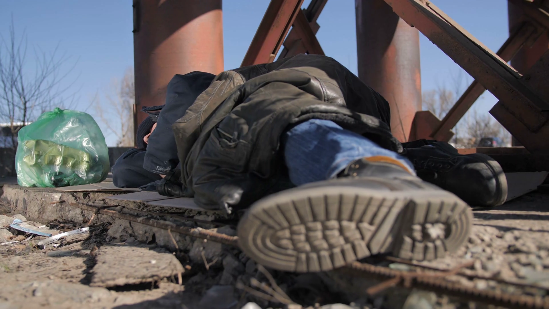 Closeup Of Homeless Man's Feet In Boots Stock Footage SBV322753033