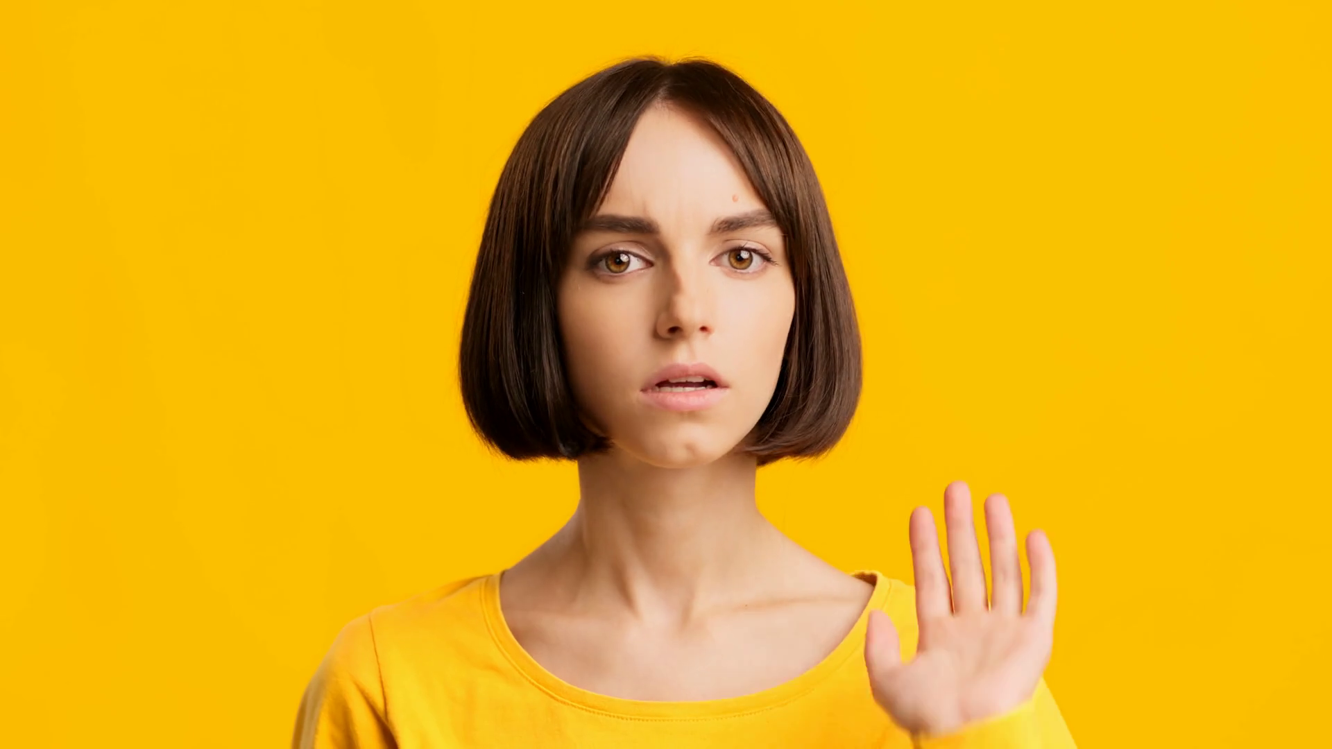 Determined Lady Gesturing Stop Shaking Head Expressing Disapproval