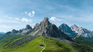 Timelapse of Ra Gusela Peak, Nuvolau mountain group, Dolomites, Giau Pass, South Tyrol, Italy